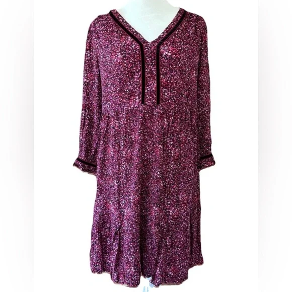 J. Jill Burgundy Floral Print V-Neck Long Sleeve Dress - Picture 2 of 9